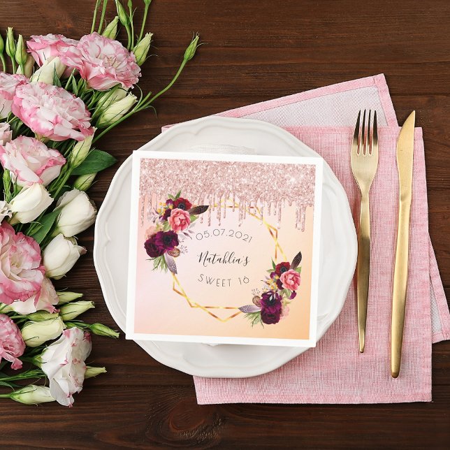 Sweet 16 rose gold pink geometric glitter name napkin (Creator Uploaded)