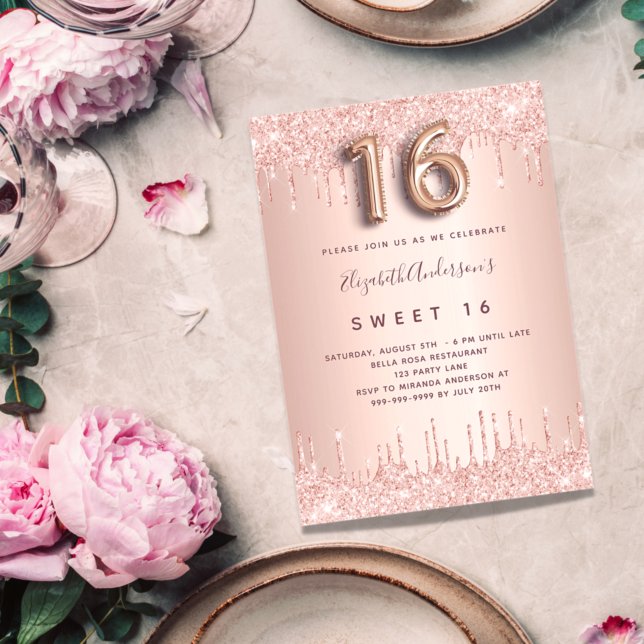 Sweet 16 rose gold pink glitter 16th birthday invitation (Creator Uploaded)