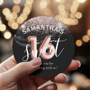 Sweet 16 Rose Gold Pink Glitter Balloon Style Classic Round Sticker