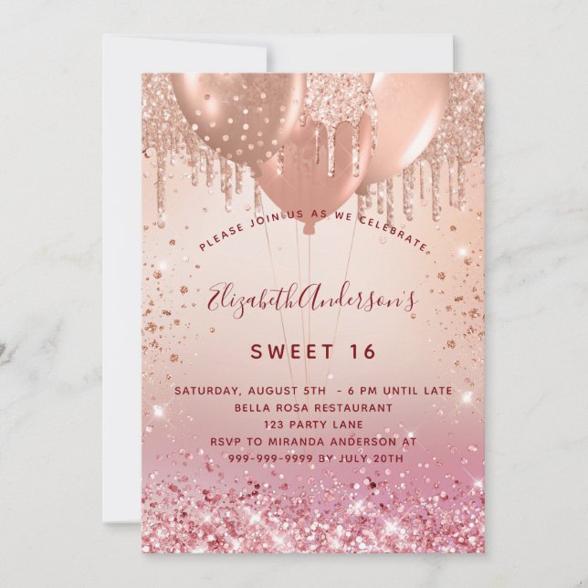 Sweet 16 rose gold pink glitter balloons glam 16th invitation (Front)