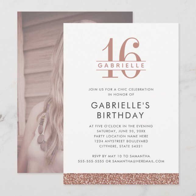 Sweet 16 Rose Gold Pink Glitter Birthday Photo Invitation (Front/Back)