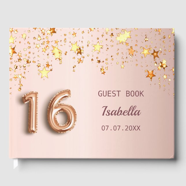 Sweet 16 rose gold pink stars guest book (Front)