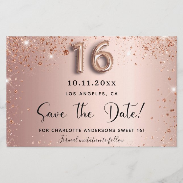 Sweet 16 rose gold save the date card (Front)