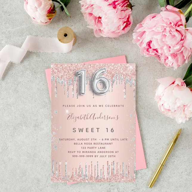 Sweet 16 rose gold silver birthday invitation (Creator Uploaded)