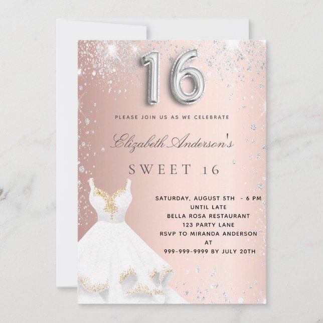 Sweet 16 rose gold silver dress glitter blush invitation (Front)