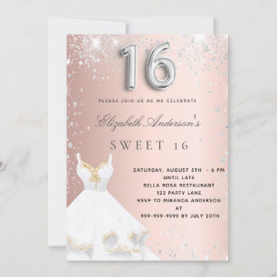 Sweet 16 rose gold silver dress glitter blush invitation