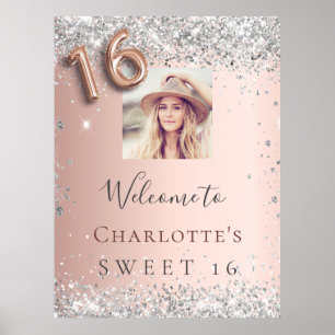 Sweet 16 rose gold silver glitter photo welcome poster
