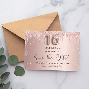 Sweet 16 rose gold silver glitter save the date