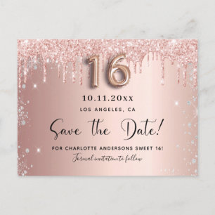 Sweet 16 rose gold silver save the date announcement postcard
