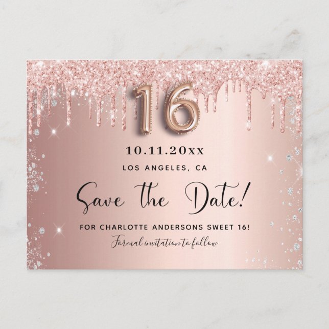 Sweet 16 rose gold silver save the date announcement postcard (Front)