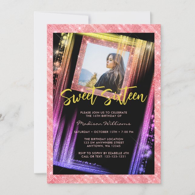 Sweet 16 Rose Gold Sparkle Glitter Custom Photo Invitation (Front)