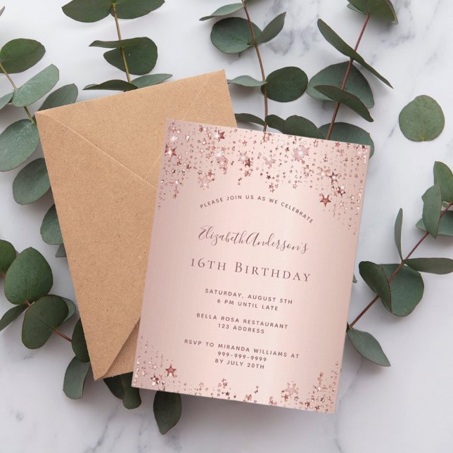 Sweet 16 rose gold stars invitation postcard (Creator Uploaded)