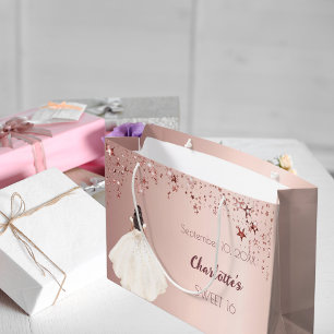 Sweet 16 rose gold stars ivory dress large gift bag