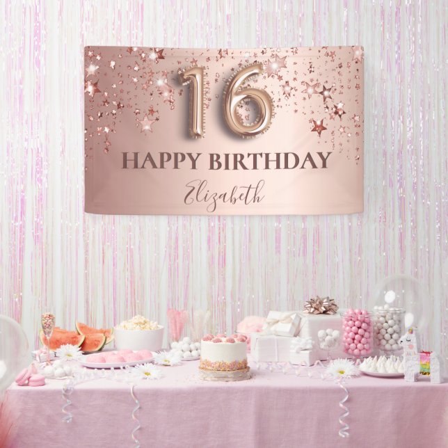 Sweet 16 rose gold stars party banner (Party)