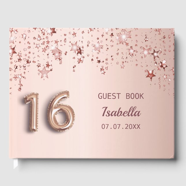 Sweet 16 rose gold stars pink guest book (Front)