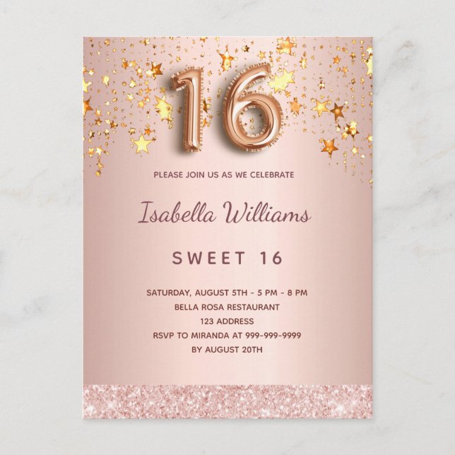 Sweet 16 rose gold stars pink postcard (Front)