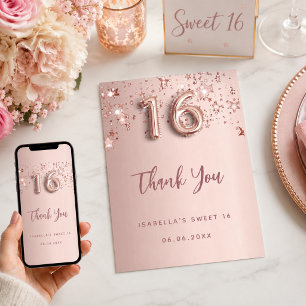 Sweet 16 rose gold stars thank you card