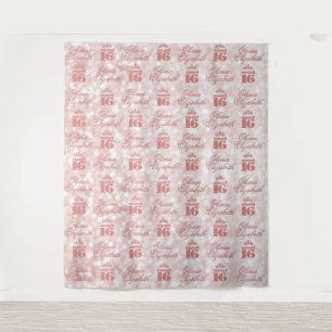 Sweet 16 Rose Gold Step and Repeat Party Tapestry