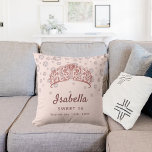 Sweet 16 rose gold tiara crown pink monogram cushion<br><div class="desc">A pillow for a girly room for a Sweet 16,  16th birthday.  Rose gold,  pink background decorated with faux diamonds and a rose gold coloured tiara,  crown. Personalise and add a name and text,  date. The name is written in dark rose gold  with a modern hand lettered style script.</div>