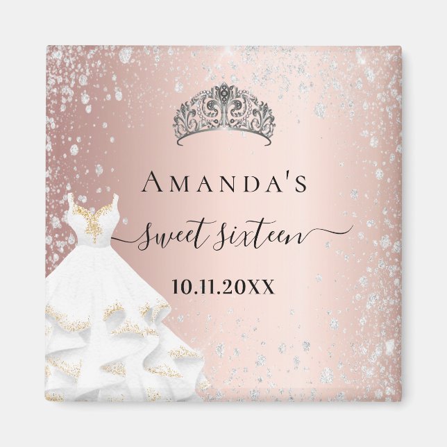 Sweet 16 rose gold tiara dress silver glitter name magnet (Front)