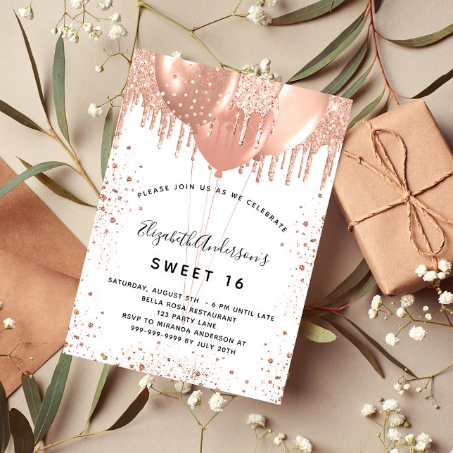 Sweet 16 rose gold white balloons invitation (Creator Uploaded)