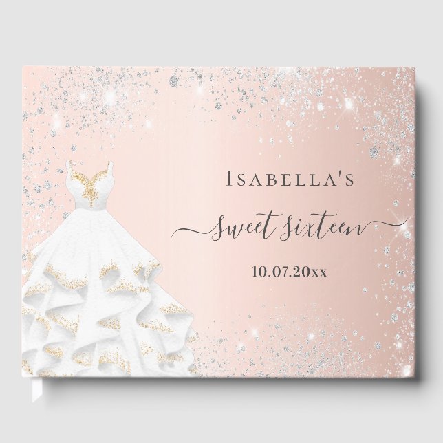 Sweet 16 rose gold white dress birthday  guest book (Front)