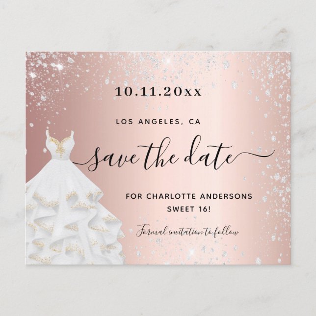 Sweet 16 rose silver dress budget save the date flyer (Front)