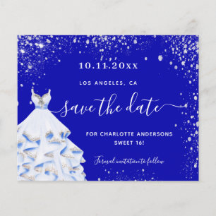 Sweet 16 royal blue dress budget save the date flyer