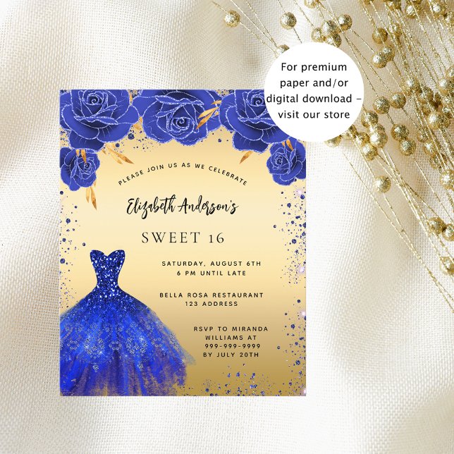 Sweet 16 royal blue dress flower budget invitation (Creator Uploaded)