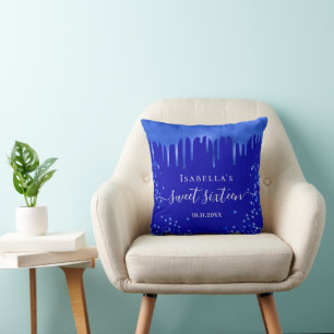 Sweet 16 royal blue drips name script cushion