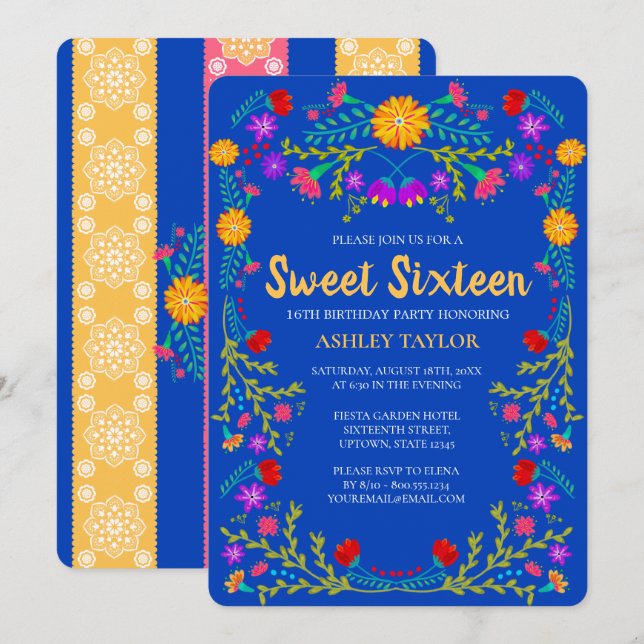 Sweet 16 Royal Blue Fiesta Flowers 16th Birthday Invitation (Front/Back)