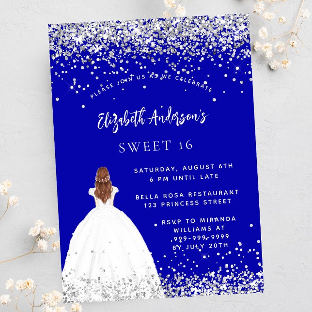 Sweet 16 royal blue glitter dress invitation postcard (Creator Uploaded)