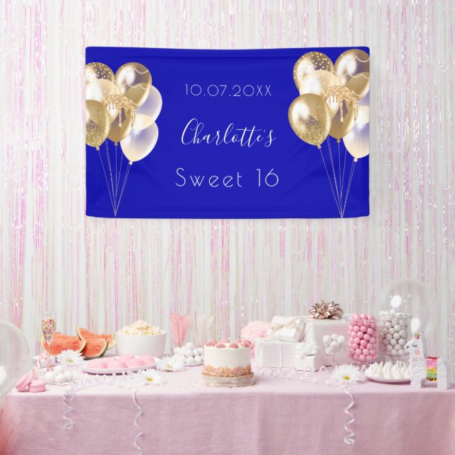 Sweet 16 royal blue gold balloons party banner (Party)