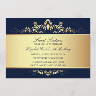 Sweet 16 | Royal Blue & Gold Damask Invitation