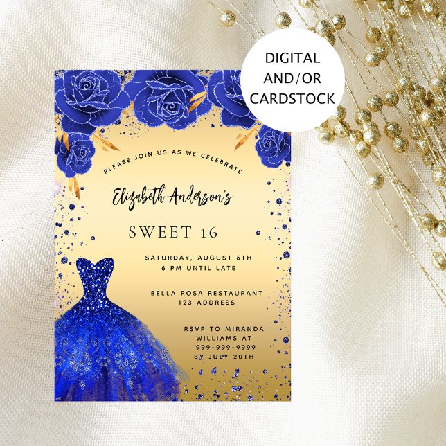Sweet 16 royal blue gold glitter dress florals invitation (Creator Uploaded)
