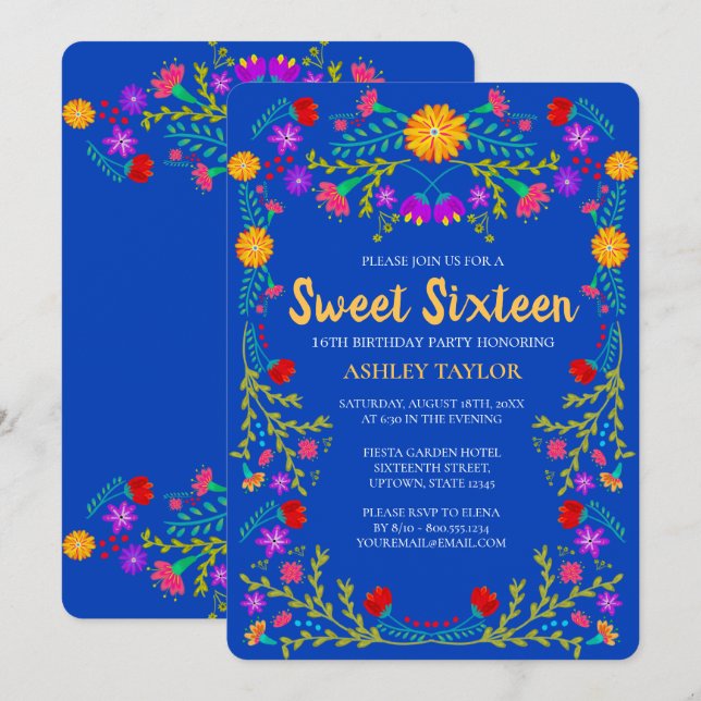 Sweet 16 Royal Blue Mexican Fiesta Floral Birthday Invitation (Front/Back)