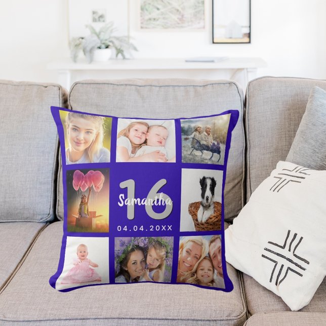 Sweet 16 royal blue photo collage name cushion (Creator Uploaded)