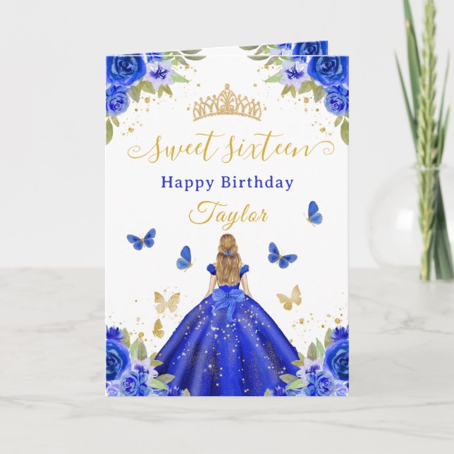 Sweet 16 Royal Blue Princess Blonde Girl Card (Front)