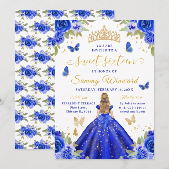 Sweet 16 Royal Blue Princess Blonde Girl Invitation (Front/Back)