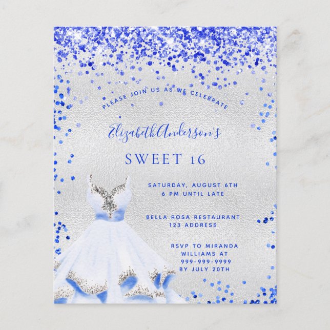 Sweet 16 royal blue silver budget invitation flyer (Front)