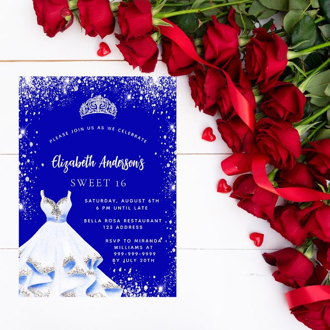 Sweet 16 royal blue silver dress tiara luxury invitation (Creator Uploaded)