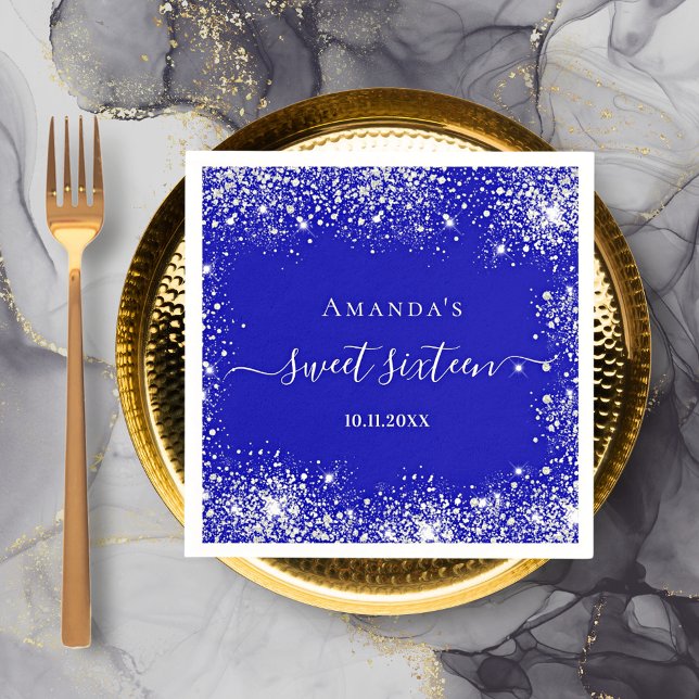 Sweet 16 royal blue silver glitter dust monogram napkin (Creator Uploaded)