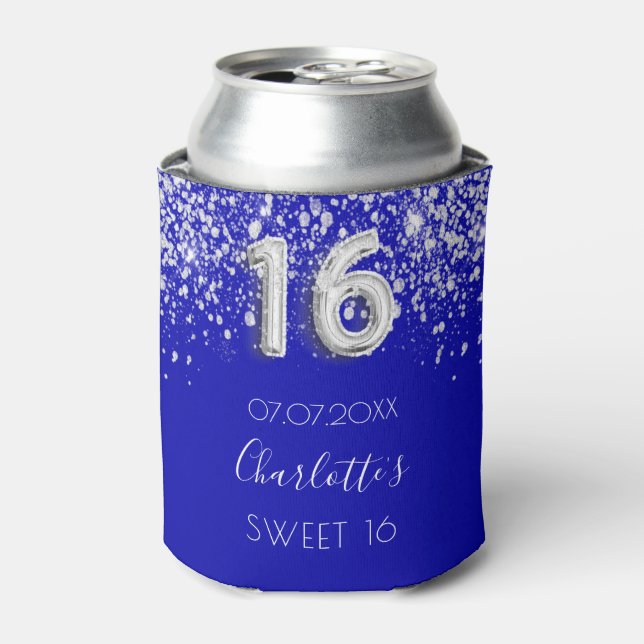 Sweet 16 royal blue silver glitter dust name can cooler (Can Front)