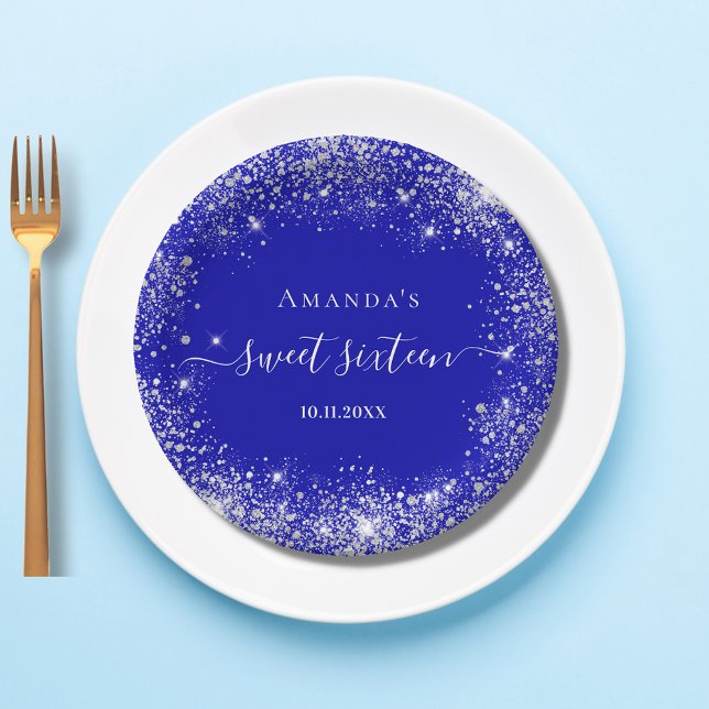 Sweet 16 royal blue silver glitter monogram paper plate (Creator Uploaded)