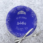 Sweet 16 royal blue silver glitter name paper plate<br><div class="desc">A paper plate for a girly and glamourous Sweet 16,  16th birthday party.  A chic royal blue background with faux silver glitter,  sparkles. The text: The name is written with a large modern hand lettered style script. Personalise and add a date,  name.</div>