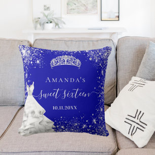 Sweet 16 royal blue silver glitter tiara dress cushion