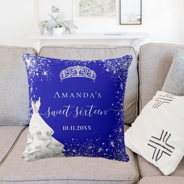 Sweet 16 royal blue silver glitter tiara dress cushion (Creator Uploaded)