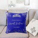 Sweet 16 royal blue silver glitter tiara name cushion<br><div class="desc">For an elegant Sweet 16,  16th birthday.  A trendy royal blue background colour. Decorated with faux silver glitter dust, a tiara crown. Personalise and add a name,  age and a date. Sweet sixteen is written with a modern hand lettered style script with swashes.</div>