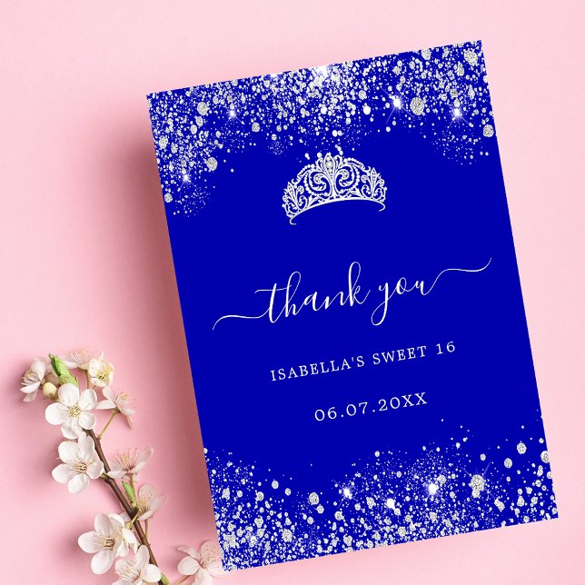 Sweet 16 royal blue silver glitter tiara thank you card (Creator Uploaded)