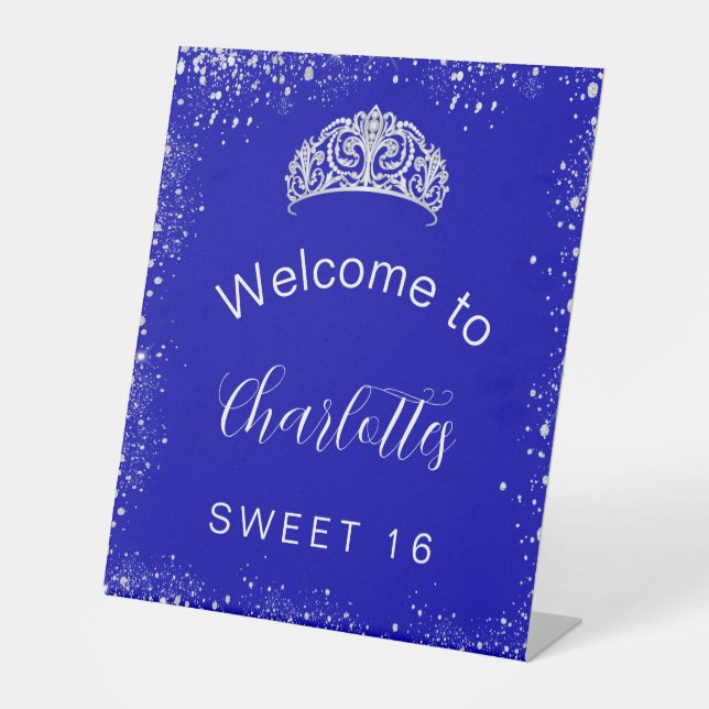 Sweet 16 royal blue silver glitter welcome pedestal sign (Front)